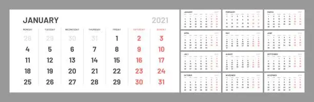 Vector illustration of Wall calendar template for 2021 year. Planner diary in a minimalist style. Week Starts on Monday. Set of 12 Months.