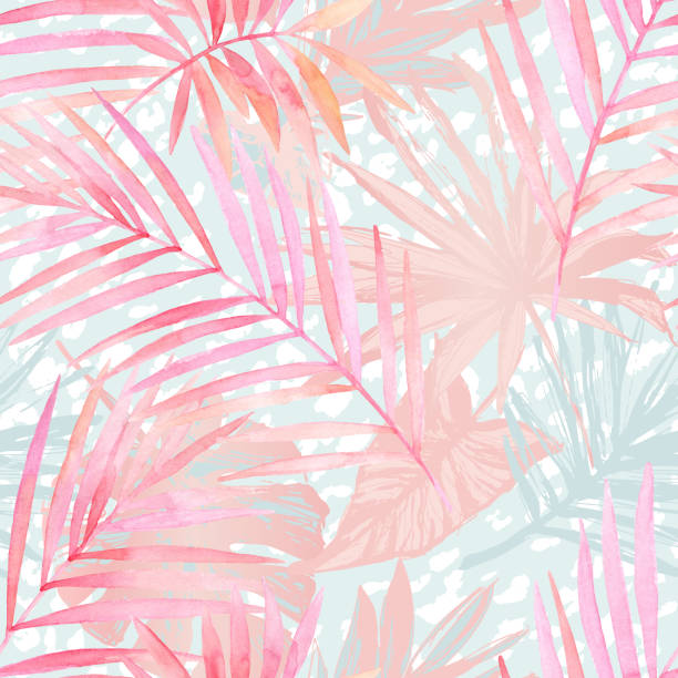 istock Summer botanical seamless pattern: tropical leaves, leopard spots, animal skin print in pastel gold rose pink color 1218499671