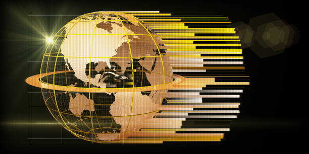istock 3d illustration global network background. Golden earth grid with map and blurred lines. For business, science, tech concept. 1218499754