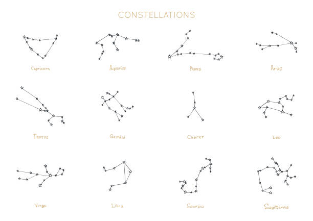 Zodiac constellations on white background. Hand drawn astrological celestial bodies in vector. Graphic illustrations. Zodiac constellations on white background. Hand drawn astrological celestial bodies in vector. Graphic illustrations of horoscope stars. pisces stock illustrations