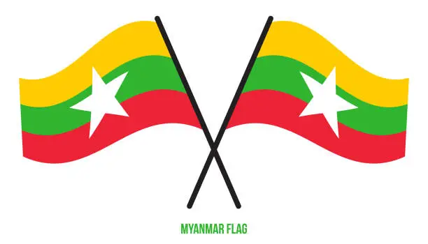 Vector illustration of Myanmar Flag Waving Vector Illustration on White Background. Myanmar National Flag.