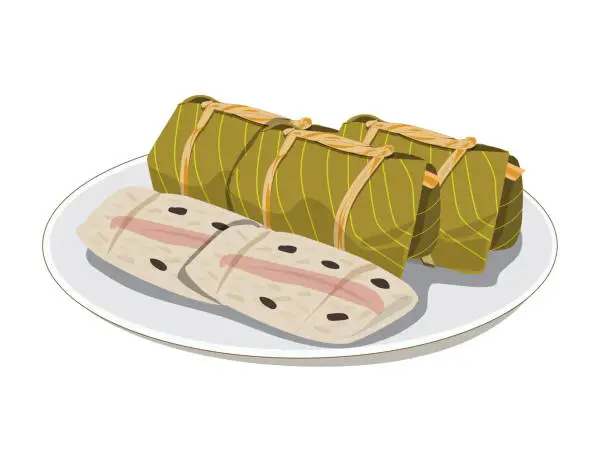 Vector illustration of Khao Tom Mud (Steamed sticky rice with banana) ,placed on a plate