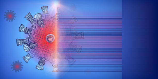 istock Coronavirus 2019-ncov disease concept on blue background with blurred lines. 3d wireframe virus and pandemic concept. Design for banner and poster. 1218501603