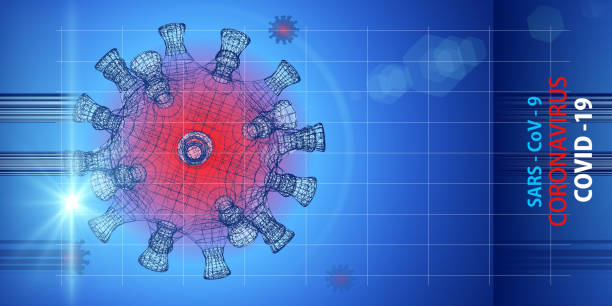 istock Coronavirus 2019-ncov disease concept on blue background with blurred lines. 3d wireframe virus and pandemic concept. Design for banner, poster etc. 1218501605