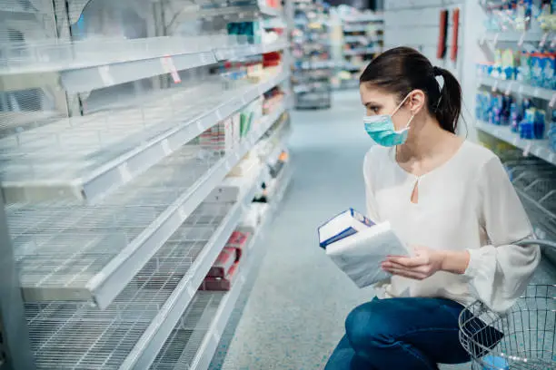 Shopping during the epidemic.Buyer wearing a protective mask.Shopping for enough food and cleaning products.Pandemic quarantine preparation.Pandemic quarantine preparation.Sold out household supplies