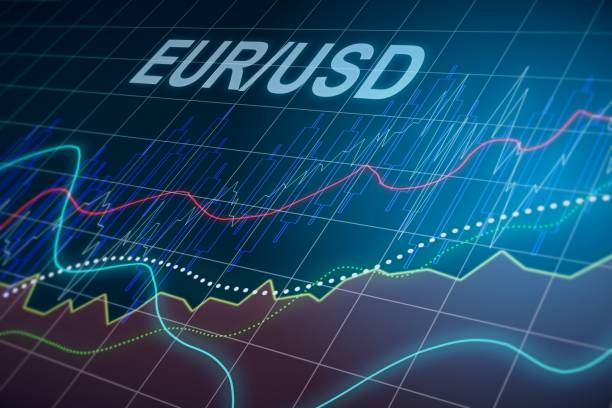 istock Abstract virtual EURO USD financial chart illustration on blue background. Trading and currency concept. 3D Rendering 1218501837