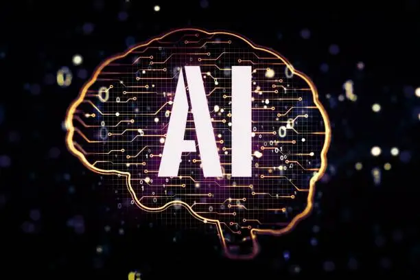 Photo of The silhouette of the human brain with microcircuits. Artificial Intelligence and Neural Networks Concept. 3D Rendering