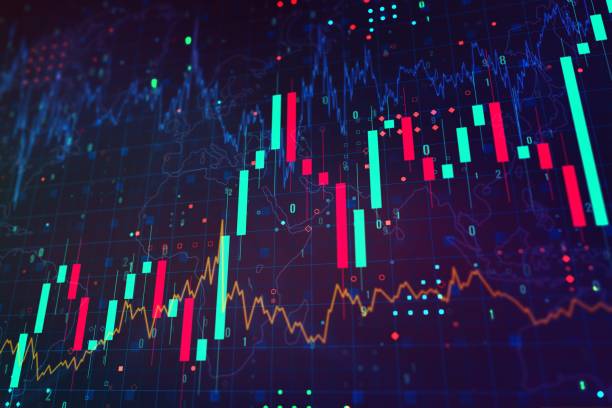 istock Close up of financial chart on dark blue background, trading concept. 3D Rendering 1218501876