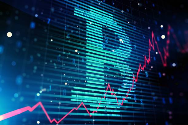 istock Glowing bitcoin symbol hologram on blue background. 3D Rendering 1218501890