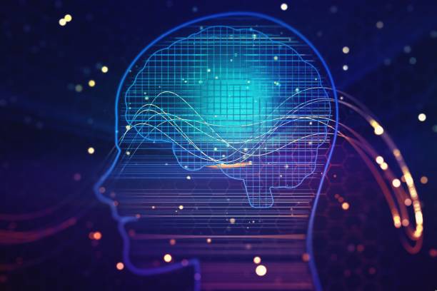 istock Glowing silhouette of human head on a dark blue background. Artificial intelligence and neural networks concept. 3D Rendering 1218501892