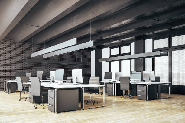 istock Modern furnished loft style office. 3D Rendering 1218502076