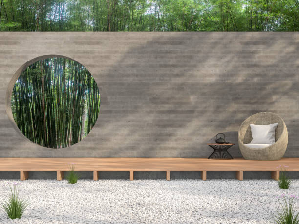 zen idée de style de jardin 3d rendre - sparse outdoors contemporary patio photos et images de collection