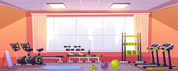 Sport and fitness equipment in gym Sport and fitness equipment in gym. Vector cartoon interior of training club with running track, exercise bike, bench, fitness balls, dumbbells and yoga mat. Empty workout room gym backgrounds stock illustrations