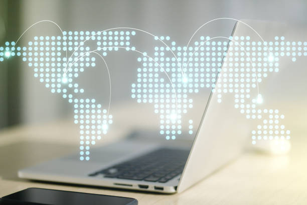 istock Abstract creative world map with connections on modern laptop background, international trading concept. Multiexposure 1218504236
