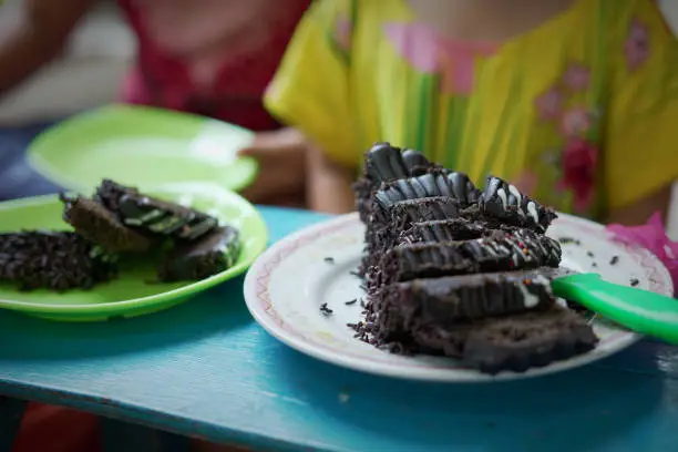 Pieces of Blackforest Chocolate cake served on plate at birthday party