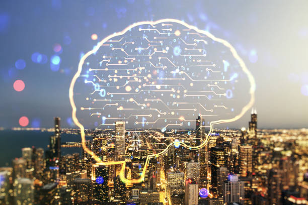 istock Virtual creative artificial Intelligence hologram with human brain sketch on Chicago cityscape background. Double exposure 1218505099