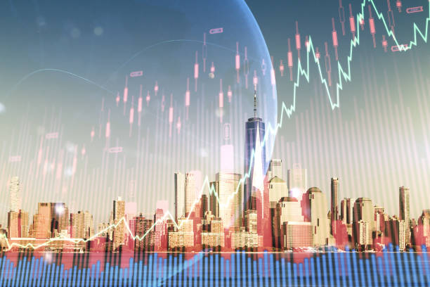 istock Multi exposure of virtual abstract financial graph hologram and world map on Manhattan cityscape background, financial and trading concept 1218505313