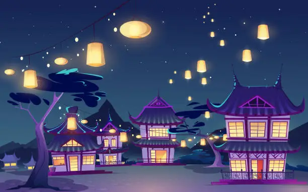 Vector illustration of Chinese asian village with houses and sky lanterns