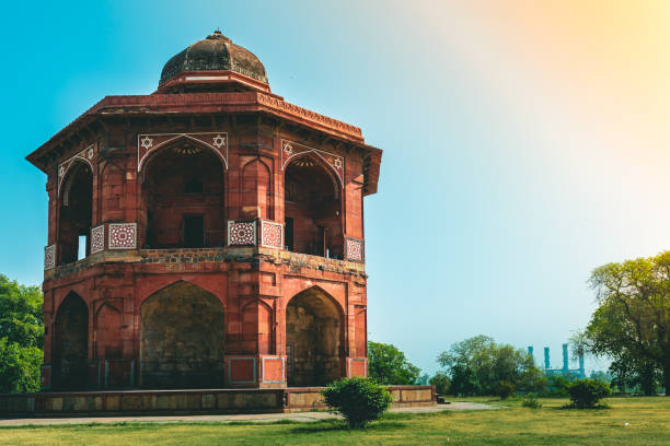 Famous monument in Delhi, India known as the Purana Qila or Quila. Popular deserted tourist spot with no people during the Covid 19 or Coronavirus outbreak. Close up of an octagonal library of Humayun called the Sher Mandal on a beautiful sunny summer morning. old delhi stock pictures, royalty-free photos & images