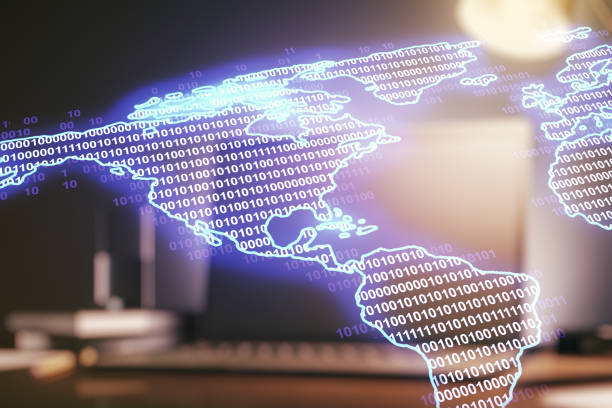 istock Double exposure of graphic America map on computer background, big data and digital technology concept 1218505511