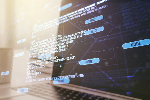 istock Multi exposure of abstract software development hologram on laptop background, research and analytics concept 1218506311