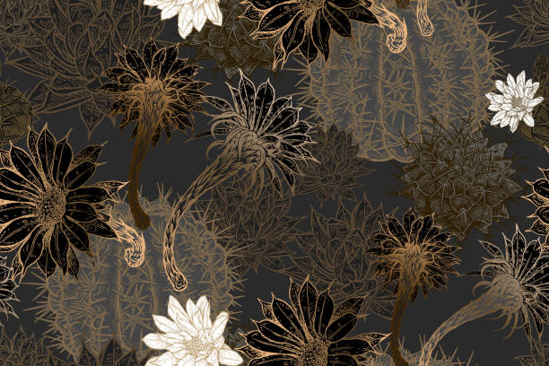 Exotic seamless pattern. Blooming cacti. Gold, black, and white Flowering cacti. Gold, black, and white color. Floral seamless pattern. Decorative background for fabrics, textiles, wallpaper, paper. Vector illustration art. Exotic luxury decor. tin foil barb stock illustrations