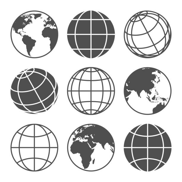 Planet map globe icons Planet map globe icons. Vector earth symbols, world globus pictograms, traveler wide geography symbol or eco space explore icon set latitude stock illustrations