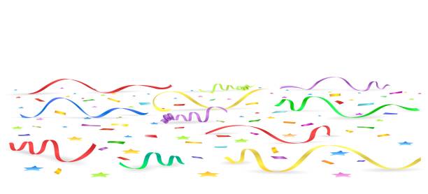 Confetti floor background Confetti floor. Celebration space wallpaper, carnival or kid birthday confetties and colored ribbons room floor background vector illustration, paper color drops flooring land stock illustrations