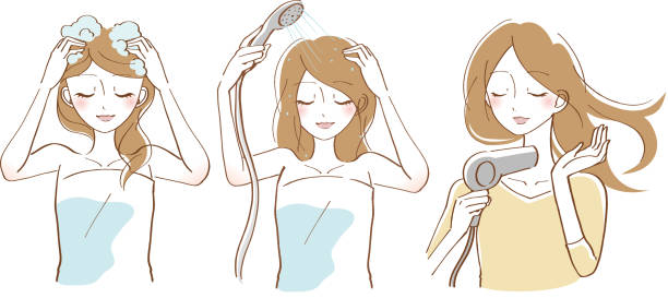 ilustrações, clipart, desenhos animados e ícones de cuidados com o cabelo conjunto de ilustração mulheres - hair care illustrations