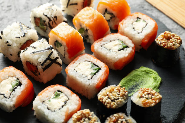 istock Delicious sushi rolls, close up. Japanese food 1218509788