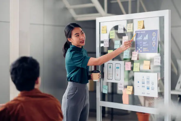 Photo of asian ux developer and ui designer presenting mobile app interface design on whiteboard in meeting at modern office.Creative digital development mobile app agency.digital transformation