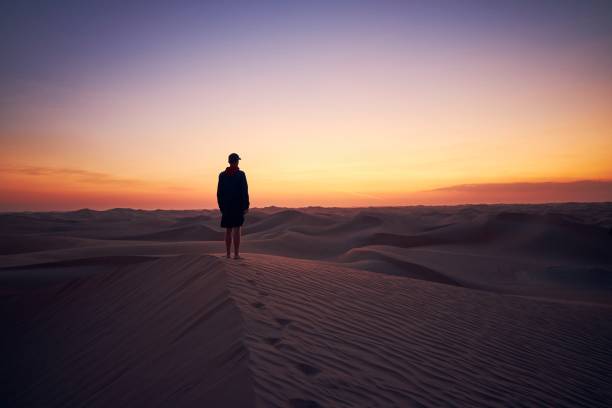 hombre solitario en medio del desierto - solitude morning nature rural scene fotografías e imágenes de stock