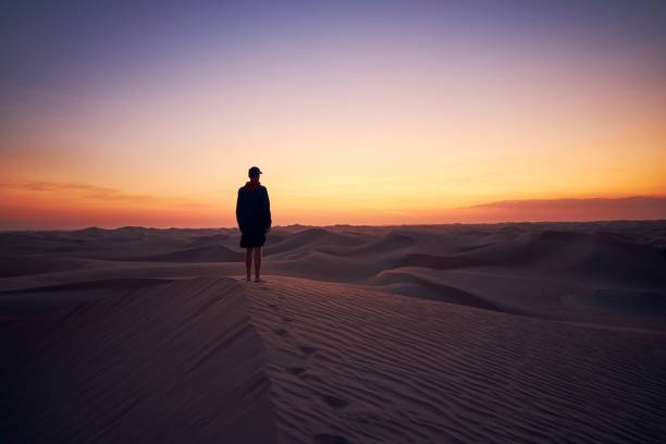 Lonely man in the middle of desert Lonely man standing on sand dune in the middle of desert at dusk. Abu Dhabi, United Arab Emirates horizon over land photos stock pictures, royalty-free photos & images