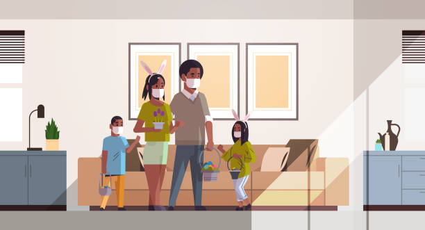 illustrazioni stock, clip art, cartoni animati e icone di tendenza di famiglia che tiene cestini con uova che celebrano buone vacanze di pasqua indossando la maschera per prevenire il coronavirus - people living room mother son