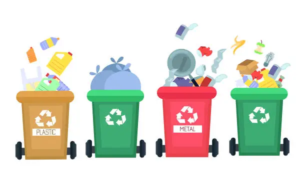 Vector illustration of Colorful trash bins for separate garbage collection and recycling