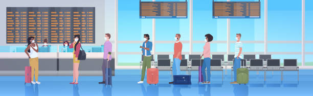 смешать гонки путешественников с багажом в масках, чтобы предотвратить ко�ронавирус пандемии терминала аэропорта интерьер - hall stand illustrations stock illustrations
