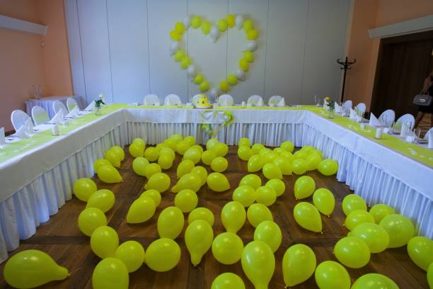 istock Wedding Reception Table Setting Aerial Top View Luxury, elegant wedding reception table arrangement. Table set for holiday, event, party or reception in outdoor restaurant. Banner for website. 1218516441