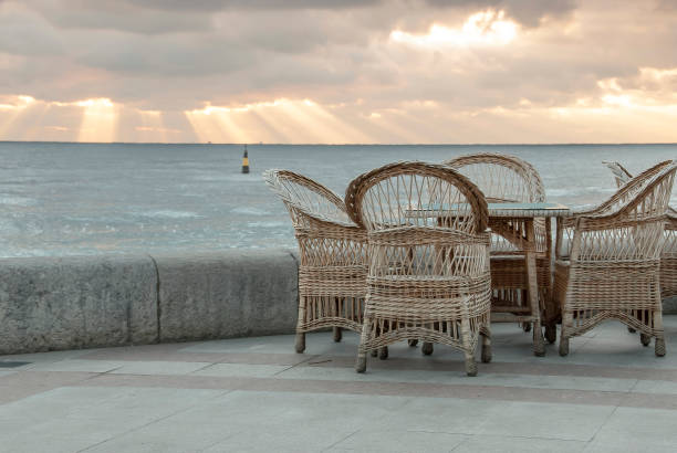 Empty chairs at seafront in winter Yalta, Crimea, Ukraine.