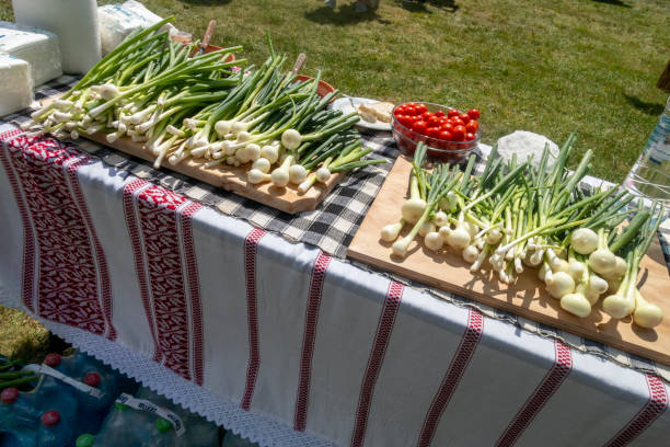 istock Romanian traditional table arranged for picnic party,  with spring onion, bread and salt 1218518819