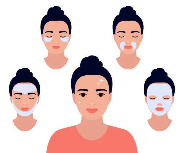 Vector illustration of Woman face with different facial procedures. Relax with facial masks. Girl take care about her face. Spa beauty treatment, skin care, facial care. Beautiful young woman with clean fresh skin. Vector