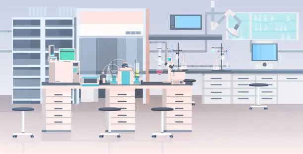 Vector illustration of modern lab interior empty no people chemical laboratory with furniture horizontal