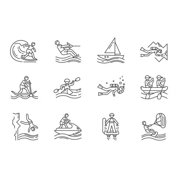 Vector illustration of Watersports linear icons set. Cave diving, kiteboarding, flyboarding and jet skiing. Cliff jumping and paddle surfing.Thin line contour symbols. Isolated vector outline illustrations. Editable stroke