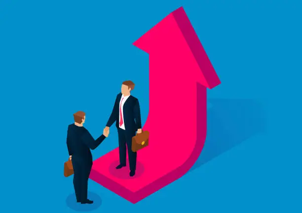 Vector illustration of Business, partners, success, business, two people standing on the growing arrow and shaking hands