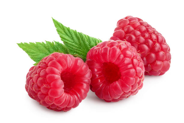 istock Ripe raspberries with leaf isolated on a white background 1218521607