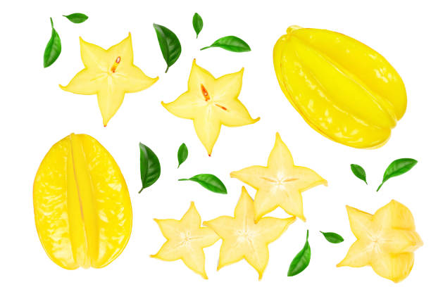 istock Carambola or star-fruit with leaf isolated on white background. Top view. Flat lay 1218521641