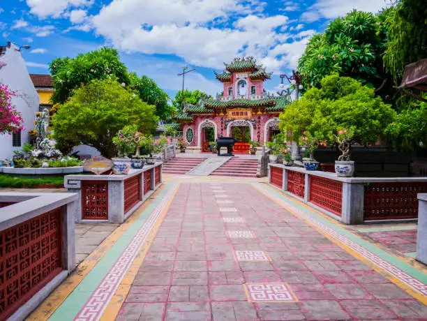 Perspective view of Gate of Phuc Kien Assembly Hall, a monumental pagoda dedicated to Thien Hau, the goddess of the sea and protector of the sailors, Hoi An, Vietnam