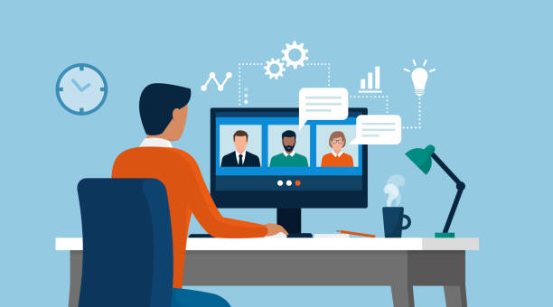 ilustrações de stock, clip art, desenhos animados e ícones de man having a conference call with his business team online - cyber