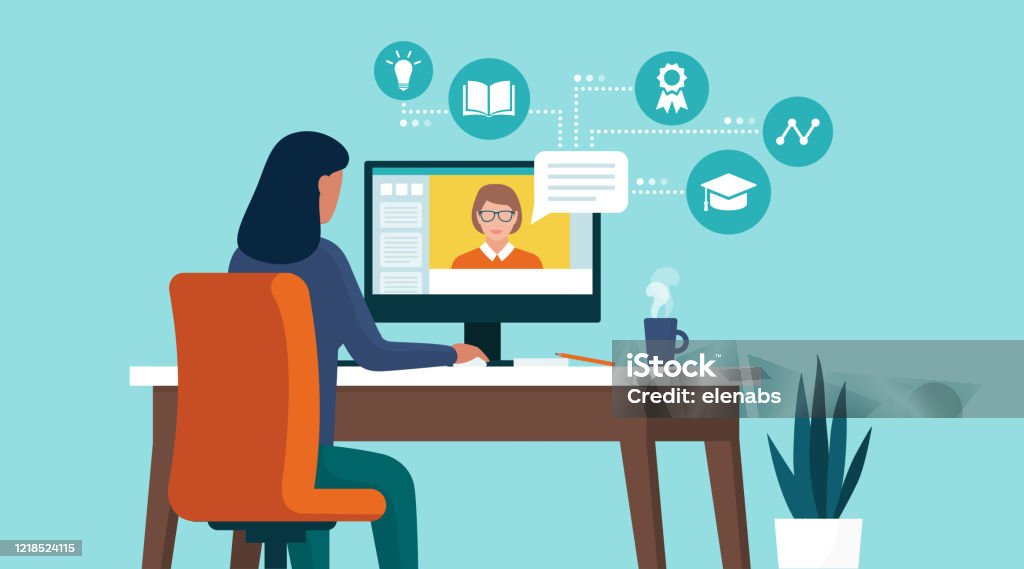 Student following online courses on her computer at home Woman connecting with her computer at home and following online courses, distance learning concept E-Learning stock vector