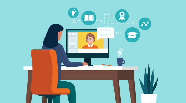 Student following online courses on her computer at home Woman connecting with her computer at home and following online courses, distance learning concept office desk stock illustrations