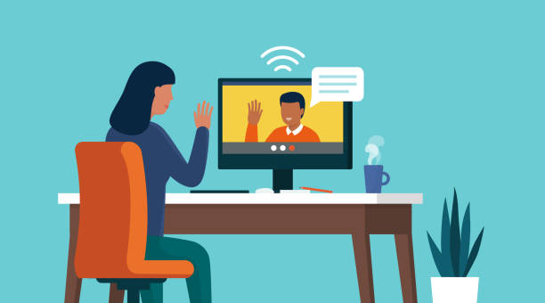 Woman video calling her friend online using her computer Woman video calling her friend online with her computer at home, relationships and communication concept pics of the man waving stock illustrations